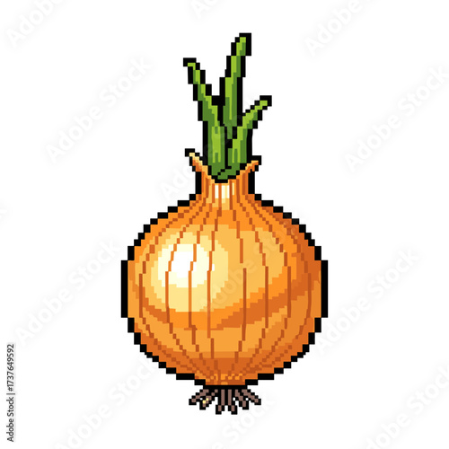 A single pixelated illustration of a yellow onion with green sprouts emerging from its top.