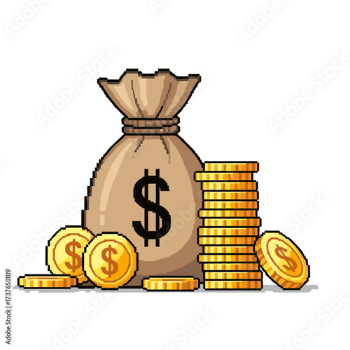 A depiction of a burlap money bag overflowing with gold coins and a stack of coins beside it.