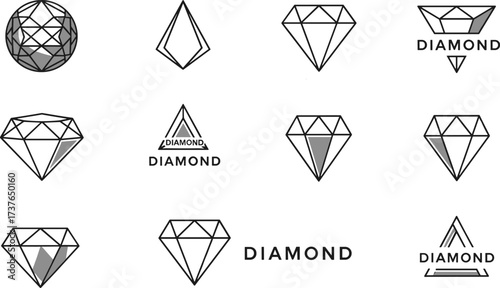 Diamond logo collection, gemstone outline icons, luxury jewel symbols, crystal shapes set, modern jewelry branding, precious stone design template
