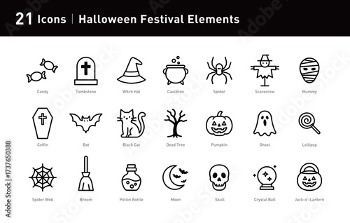 This set of 21 Halloween-themed icons blends spooky and festive elements. Ideal for party decor and design, with color options.
