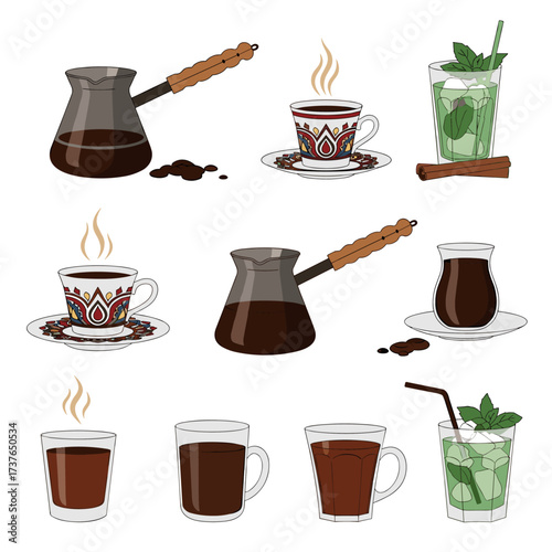 Illustrations of Turkish coffee pots and cups with mint mojito drinks