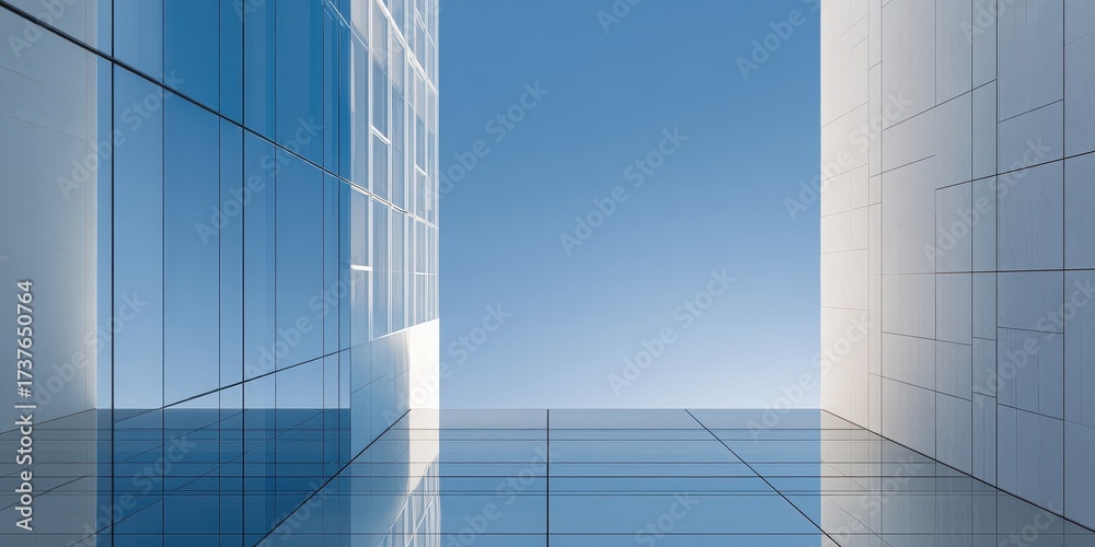 Obraz premium Modern minimalist buildings with glass facades and a connecting walkway.