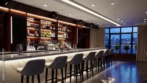 Interior of an empty, modern, and luxurious bar with an illuminated marble counter, stools, and a well-stocked liquor shelf overlooking a city skyline at night.