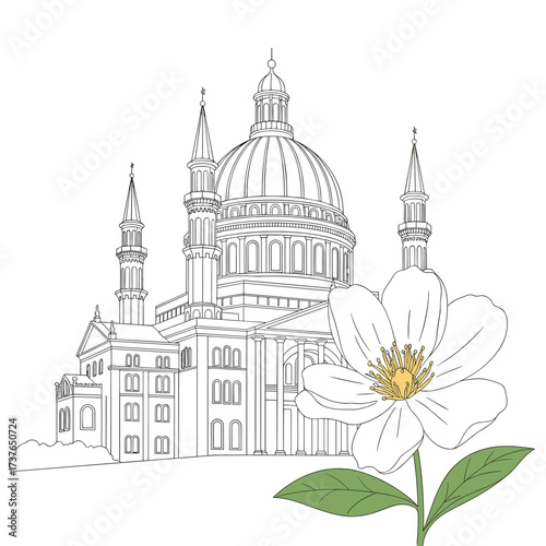 Elegant illustration of a grand cathedral paired with a delicate blossoming flower signifying beauty and serenity.