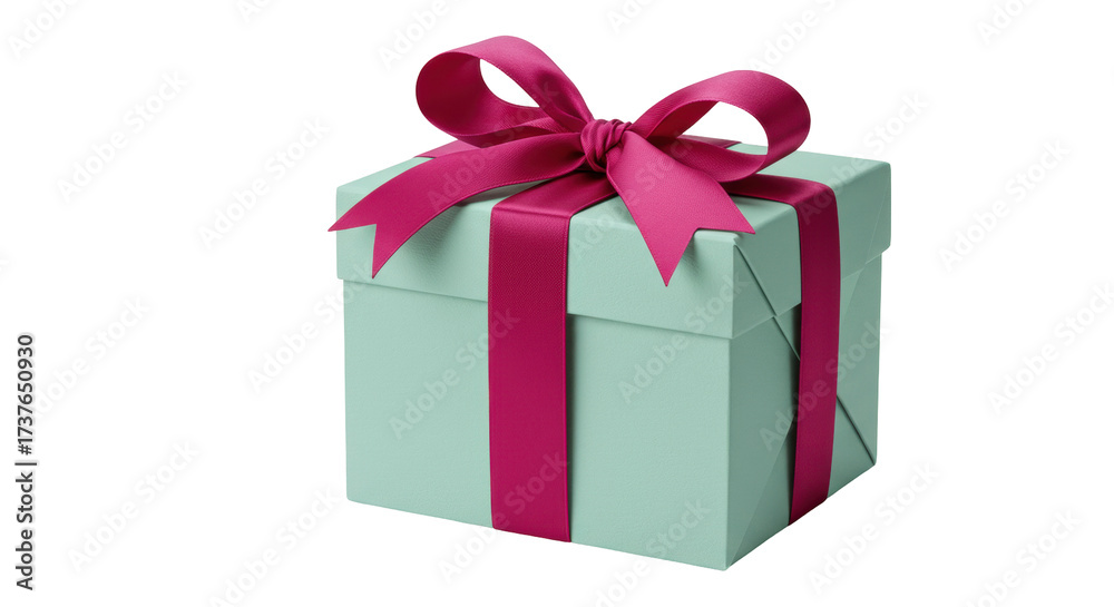 Obraz premium Mint green gift box with magenta ribbon isolated, present for birthday or Christmas celebration on a clean backdrop