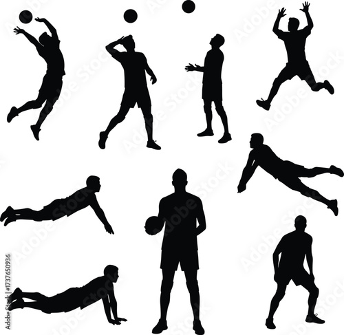 Silhouettes of male volleyball players performing actions, jumping, spiking, diving, serving, standing, holding ball, dynamic sports poses, isolated vector illustration, team sport concept