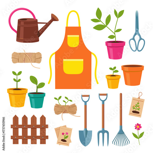 A collection of gardening tools and supplies for planting and nurturing new plants.