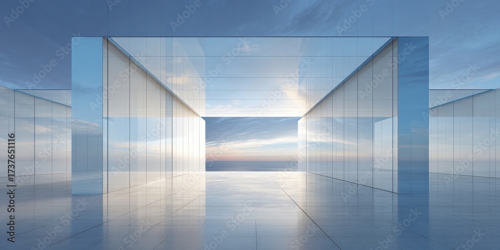Obraz premium Modern minimalist glass corridor leading to a sunset ocean view.
