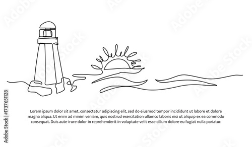One line of lighthouse and sunset on the beach. Abstract minimal continuous line.