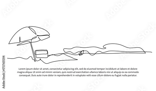 One line of relaxing under an umbrella enjoying the waves. Abstract minimal continuous line.