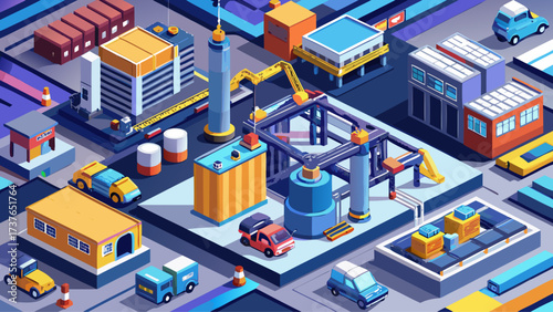 An isometric industrial factory with automated machines, conveyor belts, energy supply stations, storage warehouses, construction materials, engineering structures, heavy equipment, industrial plant 