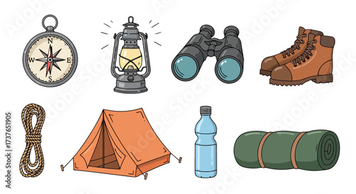 Camping and Hiking Gear Essentials Compass Tent Lantern Boots Binoculars Rope Sleeping Pad Water Bottle Outdoor Adventure Collection