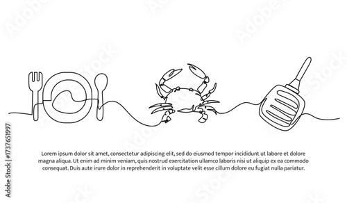 Continuous line design of crab dishes. Single line decorative element drawn on white.