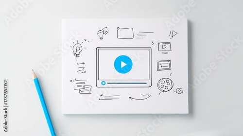 Play Video Concept Illustration: A creative video concept visualized with a graphic drawing, featuring a play button surrounded by illustrative sketches on a light-colored surface.
