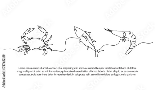 Continuous line design of crabs, fish and shrimp. Single line decorative element drawn on white.