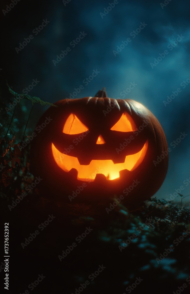 Naklejka premium Close-Up of Glowing Jack-O-Lantern Face in Fog