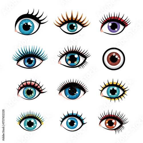 A collection of vibrant and stylized human eyes with diverse colors and elaborate eyelashes.