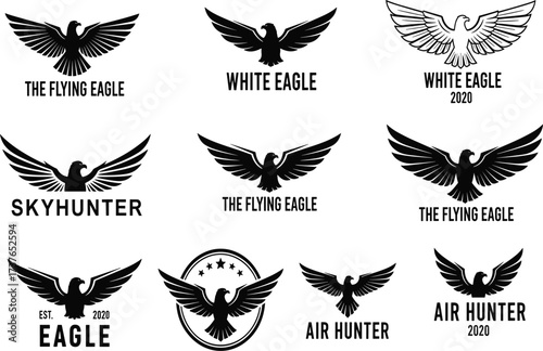 Eagle logo collection with flying eagle, white eagle, air hunter, skyhunter design, powerful bird symbol, wings spread, freedom concept, branding