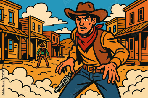 Ready town hand illustration vector dusty street scene revolver cowboy dueling