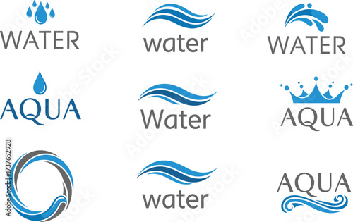 Water logo set with aqua wave design, droplet symbol, clean liquid icon, purity concept, eco friendly illustration, blue flow element