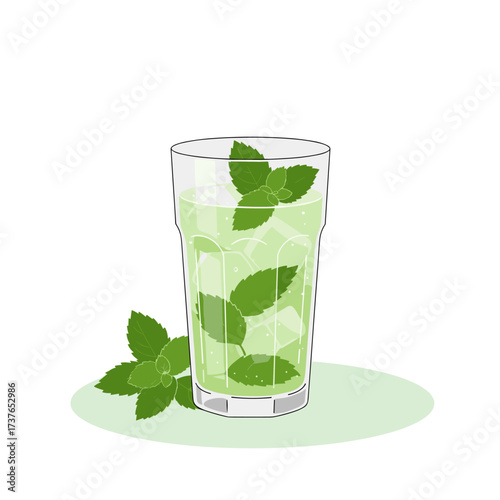 A refreshing mint flavored iced drink with fresh mint leaves and ice cubes.