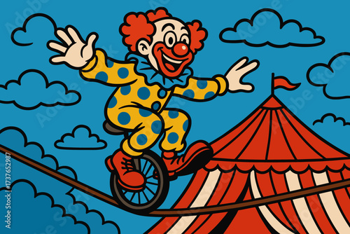 Circus simple unicycle tent clown vector across tightrope illustration background riding