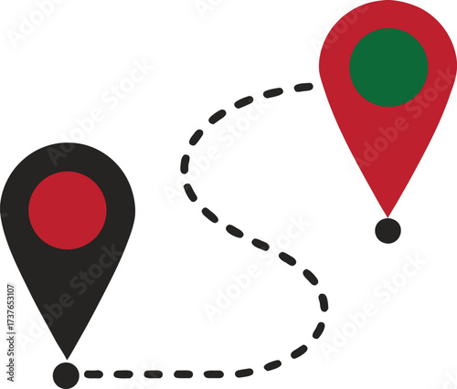 Two location pins connected by a dashed line illustrating a route