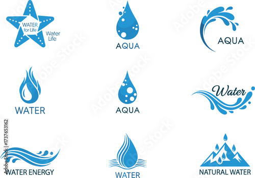 Water drop logo set, aqua wave design, natural water symbol, clean energy, fresh blue droplet, eco life illustration vector