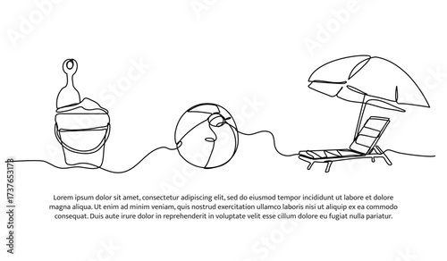 Continuous line design of playing and relaxing on the beach. Single line decorative element drawn on white.