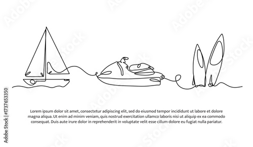 Continuous line design of boat, motorboat and surfboard. Single line decorative element drawn on white.