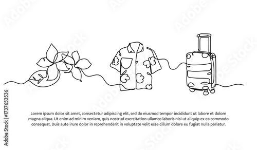 Continuous line design of frangipani flower, shirt and suitcase. Single line decorative element drawn on white.