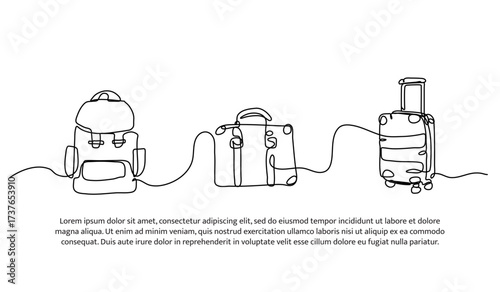 Continuous line design of backpacks and suitcases. Single line decorative element drawn on white.