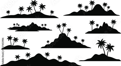 Tropical island silhouette set with palm trees and hills, exotic paradise landscape illustrations, isolated black vector icons for beach scene, summer travel, and vacation design