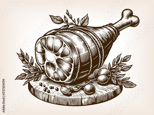 smoked ham tied with rope, decorated with herbs and spices in a traditional engraving style sketch engraving generative ai vector illustration. Scratch board imitation. Black and white image.