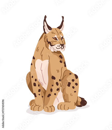 Happy Eurasian lynx sits and relaxes. Cute big wild cat with tufts on its ears and spotted coat. Wildlife of European forest. Fauna of woodland. Flat isolated vector illustration on white backgroun
