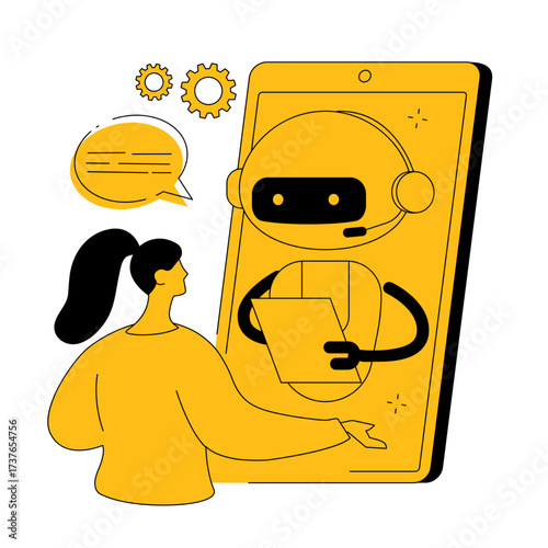 Woman interacts with chatbot application on a mobile phone for assistance and support