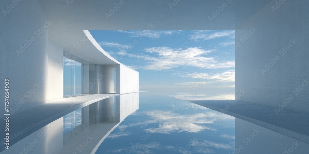 Obraz premium Bright minimalist architectural space with reflective water and open sky view.