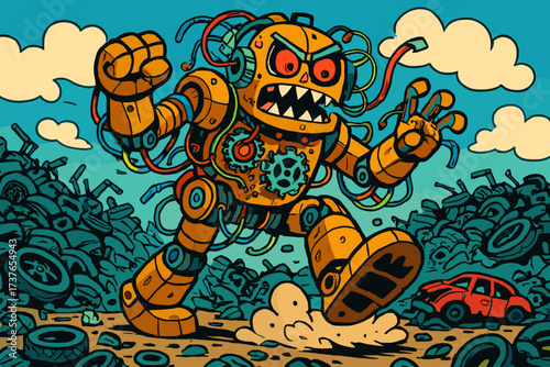Wires made illustration mechanical monster gears rampage vector stomping scrapyard through