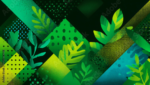 Abstract Green Nature Background with Geometric Pattern and Tropical Leaves

