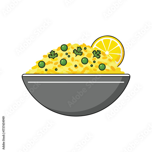 Bright and flavorful yellow rice dish with peas and a lemon wedge