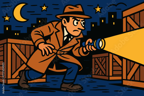 Search hand crates detective vector searching night illustration behind sneaking suspects