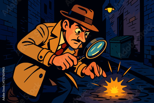 Alley vector classic dark trench glass s detective examining hat illustration glowing