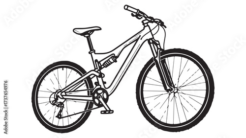 Black and White Line Art Illustration of a Full Suspension Mountain Bike