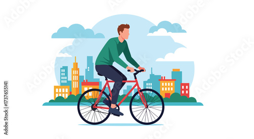 Man Riding a Bicycle in the City Flat Design Illustration