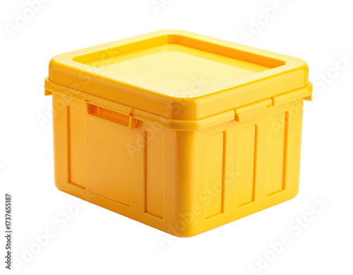 A vibrant yellow storage container with a lid and latches, isolated on black
