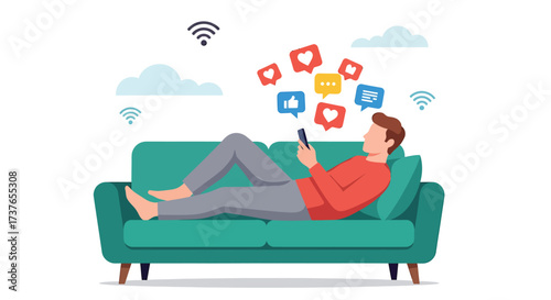 Man Relaxing on Sofa Using Smartphone with Social Media Icons