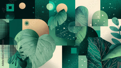 Modern Abstract Tropical Leaves Background with Geometric Shapes and Art Deco Style

