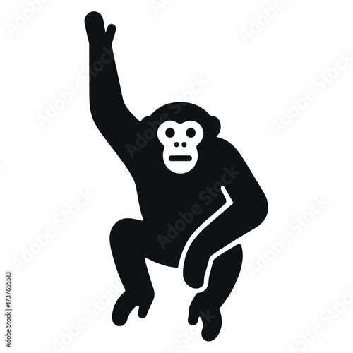 Silhouette of hanging monkey with raised arm on white background
