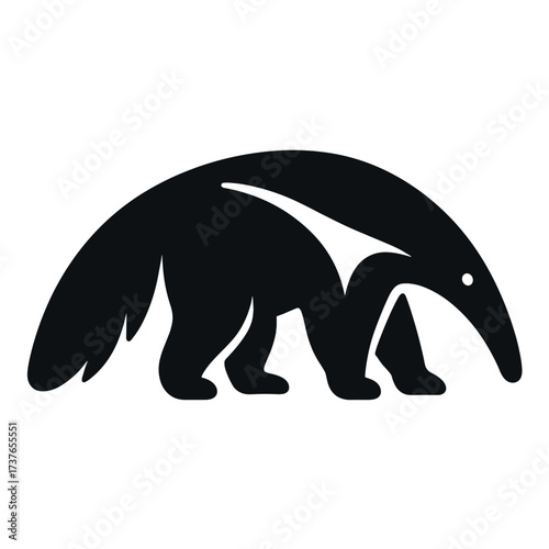 Silhouette of an anteater with long snout and bushy tail on white background