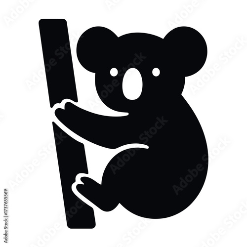 Minimalist black and white koala icon climbing a tree